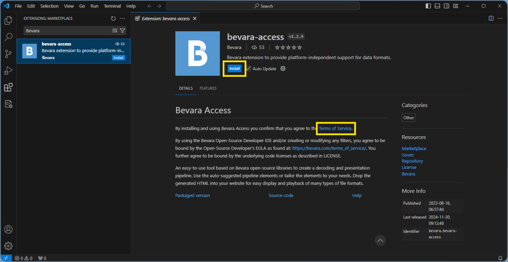 Install the Bevara Access VS Code Extension